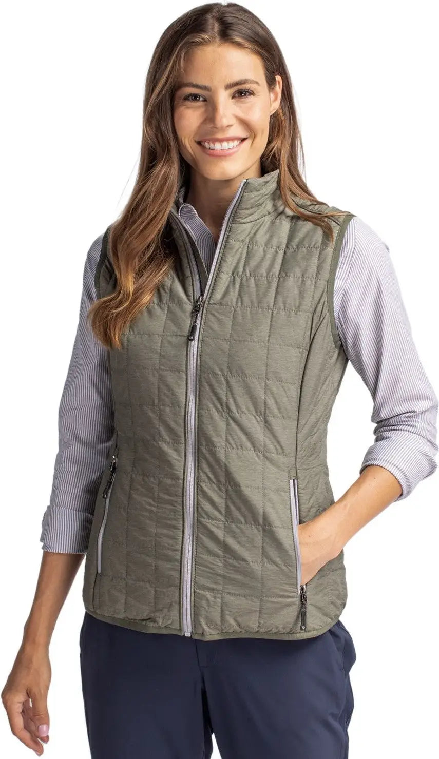 Cutter & Buck Lco00008 Rainier Primaloft® Womens Eco Insulated Full Zip Puffer Vest - Poplar Melange - Ladies Xs