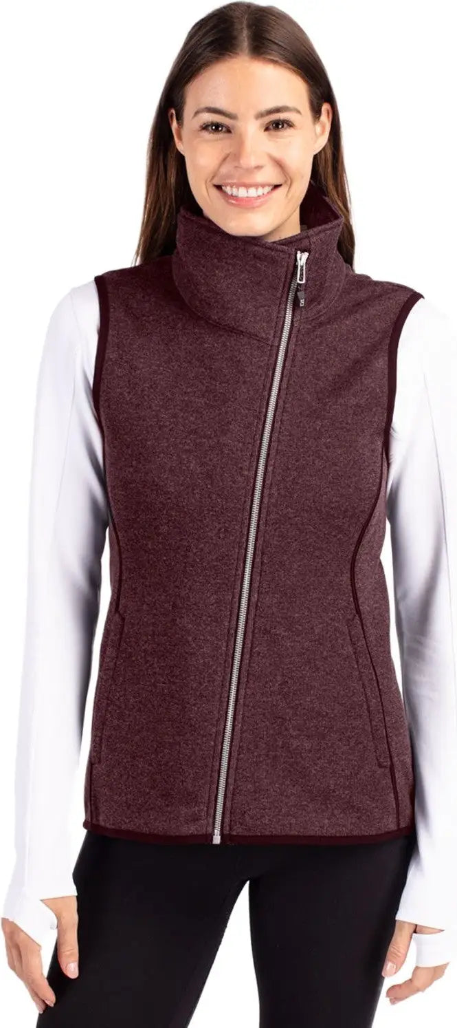 Cutter & Buck Lco00034 Mainsail Sweater Knit Womens Asymmetrical Vest - Bordeaux Heather - Ladies Xs