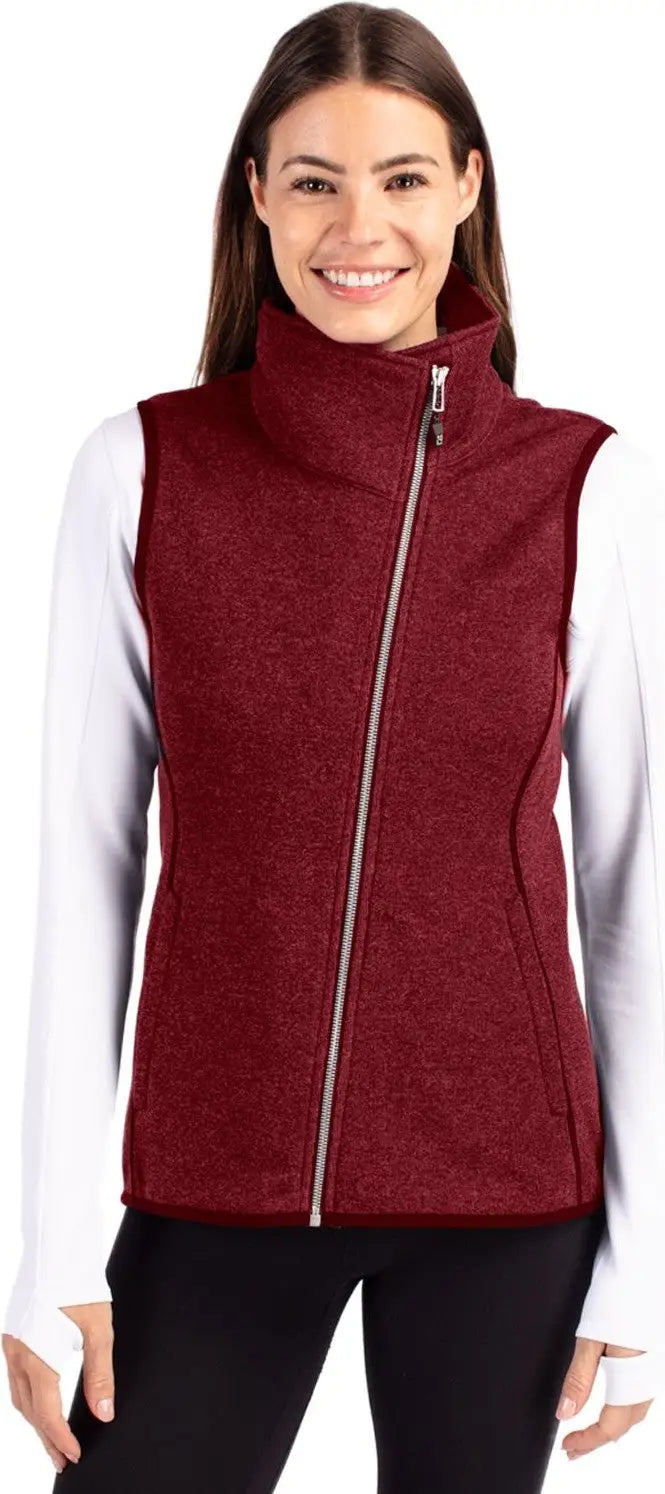 Cutter & Buck Lco00034 Mainsail Sweater Knit Womens Asymmetrical Vest - Cardinal Red Heather - Ladies Xs