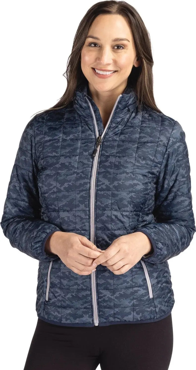Cutter & Buck Lco00053 Rainier Primaloft® Womens Eco Insulated Full Zip Printed Puffer Jacket - Dark Navy - Ladies Xs