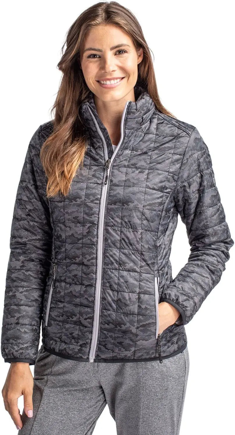 Cutter & Buck Lco00053 Rainier Primaloft® Womens Eco Insulated Full Zip Printed Puffer Jacket - Black - Ladies Xs