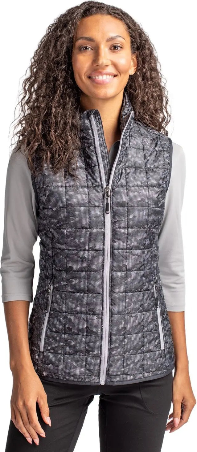 Cutter & Buck Lco00054 Rainier Primaloft® Womens Eco Insulated Full Zip Printed Puffer Vest - Black - Ladies Xs