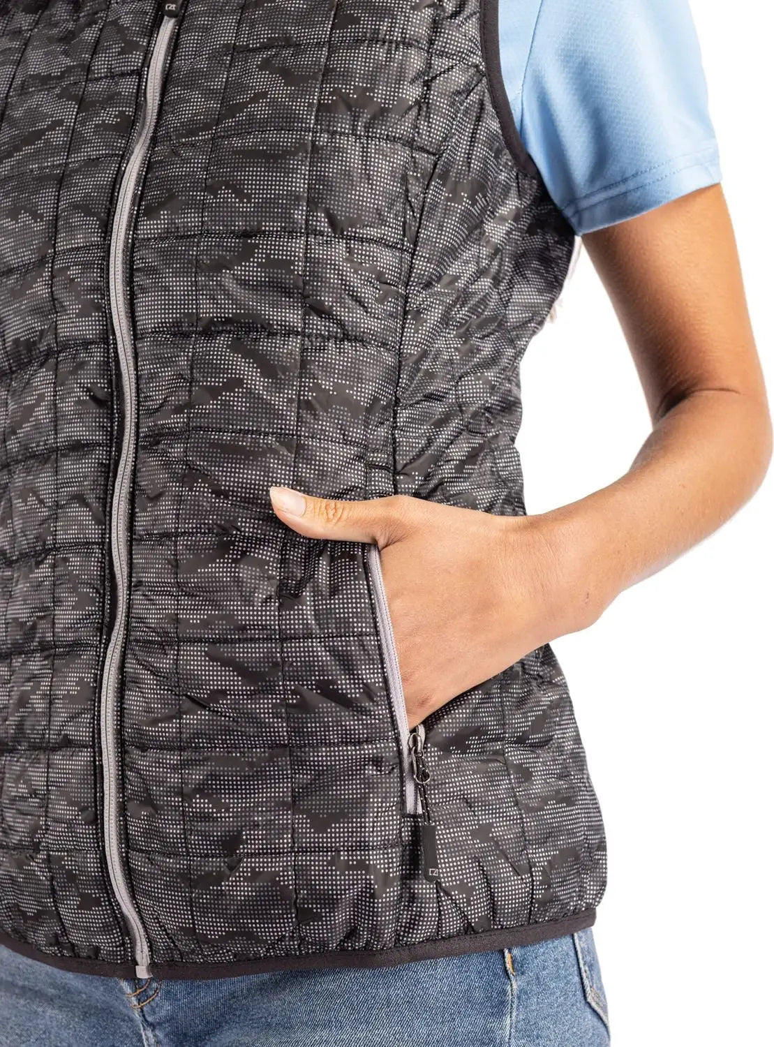 Cutter & Buck Lco00054 Rainier Primaloft® Womens Eco Insulated Full Zip Printed Puffer Vest - Black