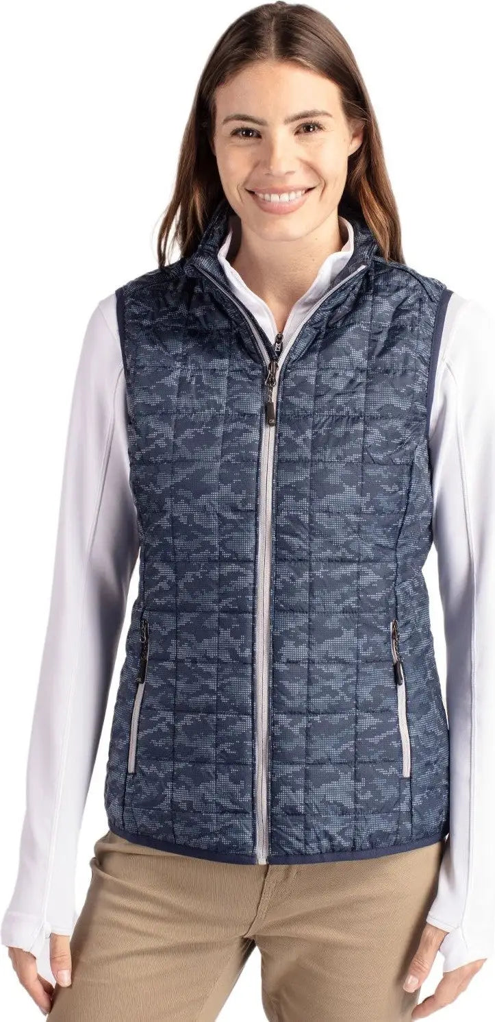 Cutter & Buck Lco00054 Rainier Primaloft® Womens Eco Insulated Full Zip Printed Puffer Vest - Dark Navy - Ladies Xs