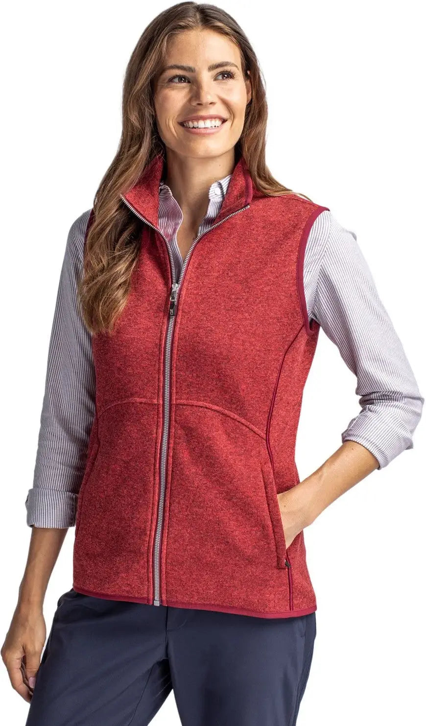 Cutter & Buck Lco00058 Mainsail Sweater Knit Womens Full Zip Vest - Cardinal Red Heather - Ladies Xs