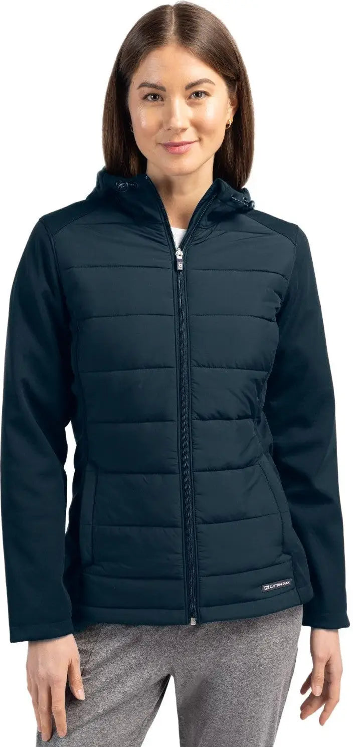 Cutter & Buck Lco00064 Evoke Hybrid Softshell Recycled Full Zip Womens Hooded Jacket - Navy Blue - Ladies Xs
