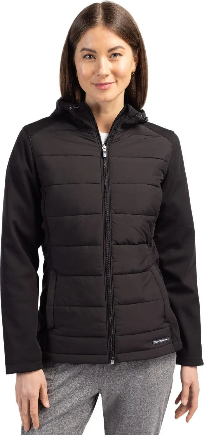 Cutter & Buck Lco00064 Evoke Hybrid Softshell Recycled Full Zip Womens Hooded Jacket - Black - Ladies Xs