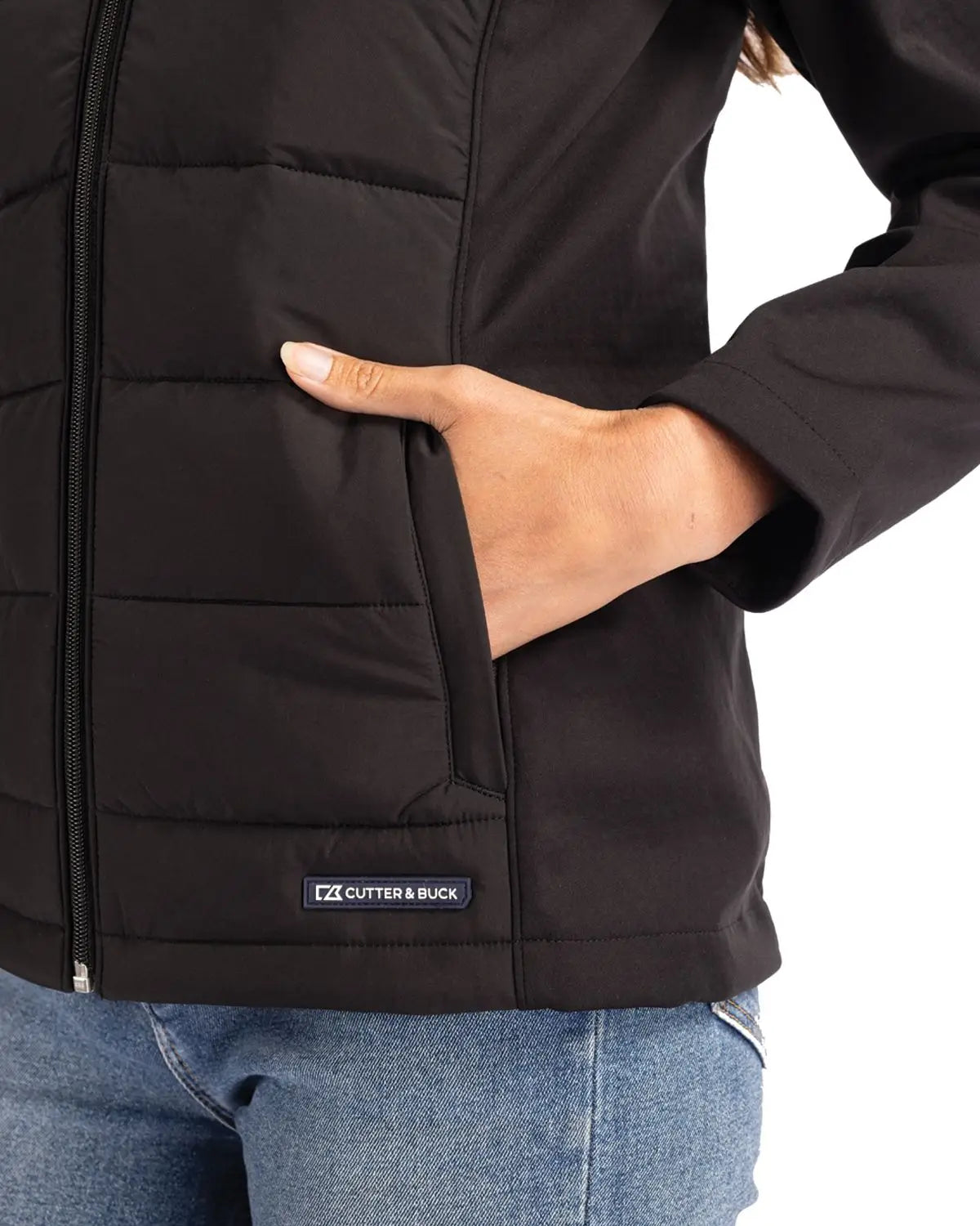 Cutter & Buck Lco00064 Evoke Hybrid Softshell Recycled Full Zip Womens Hooded Jacket - Black