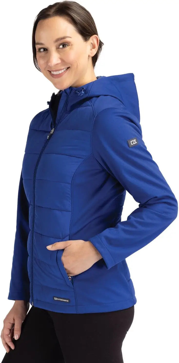 Cutter & Buck Lco00064 Evoke Hybrid Softshell Recycled Full Zip Womens Hooded Jacket - Tour Blue