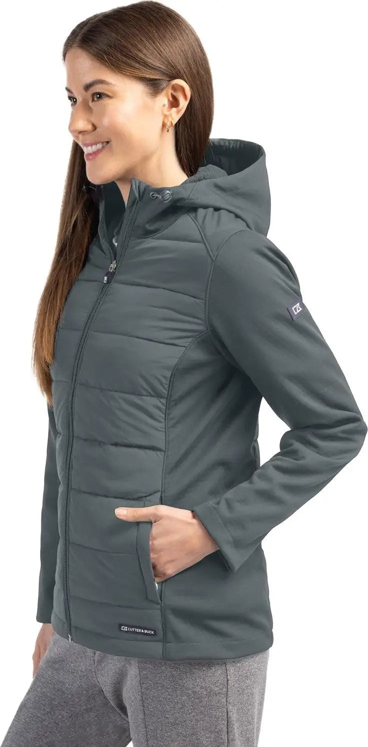 Cutter & Buck Lco00064 Evoke Hybrid Softshell Recycled Full Zip Womens Hooded Jacket - Elemental Gray