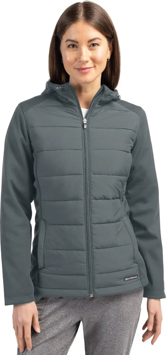 Cutter & Buck Lco00064 Evoke Hybrid Softshell Recycled Full Zip Womens Hooded Jacket - Elemental Gray - Ladies Xs