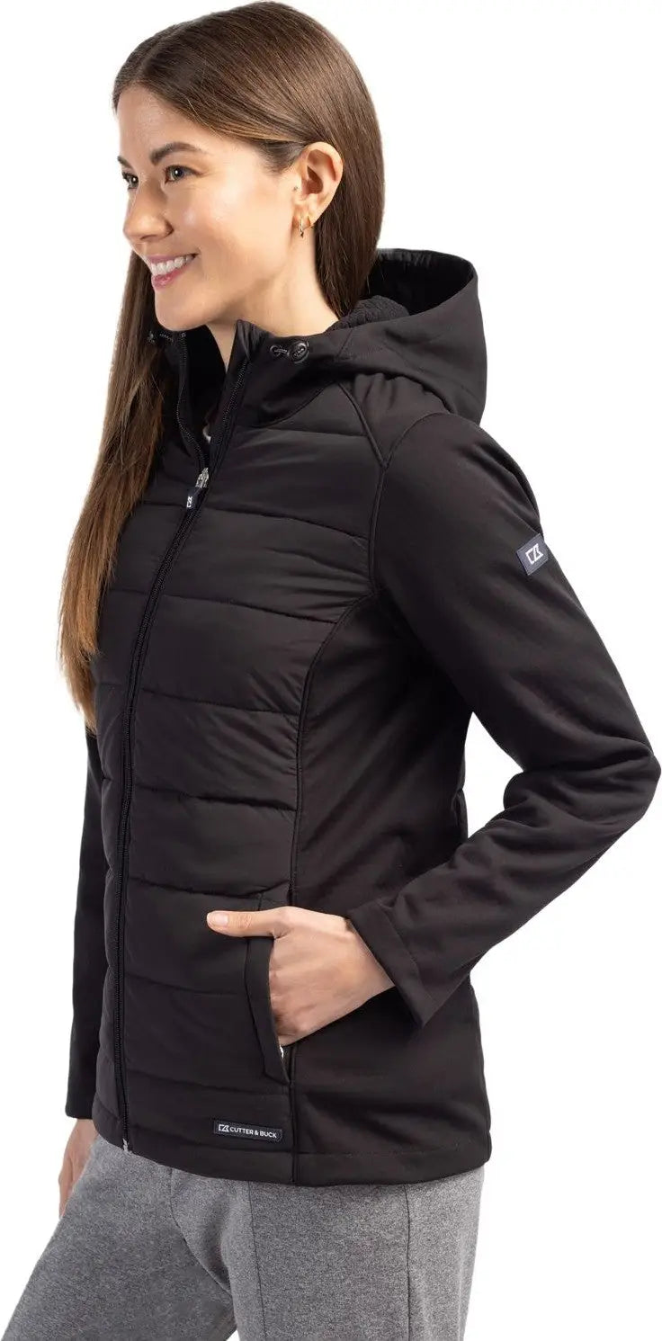 Cutter & Buck Lco00064 Evoke Hybrid Softshell Recycled Full Zip Womens Hooded Jacket - Black