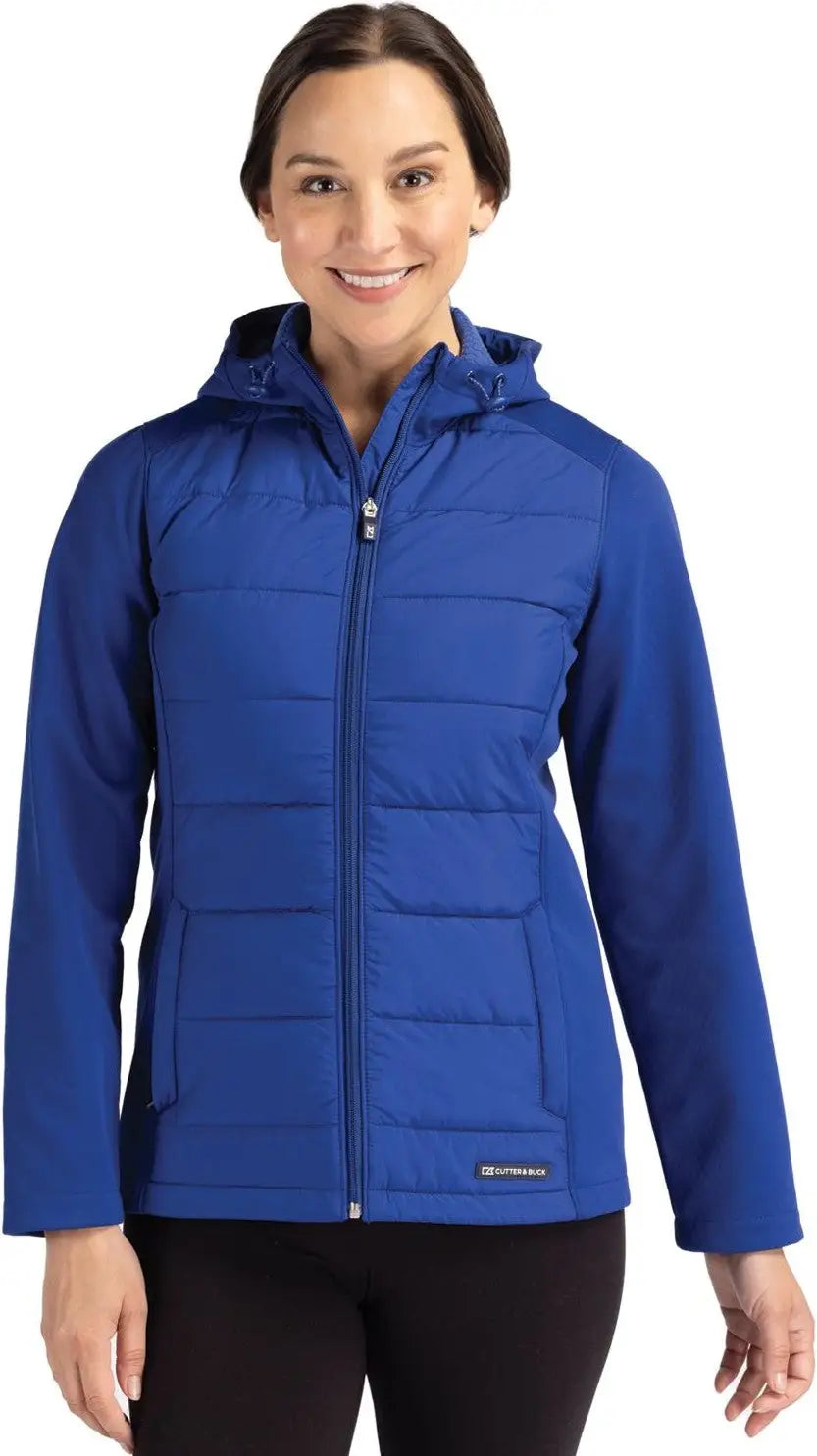 Cutter & Buck Lco00064 Evoke Hybrid Softshell Recycled Full Zip Womens Hooded Jacket - Tour Blue - Ladies Xs
