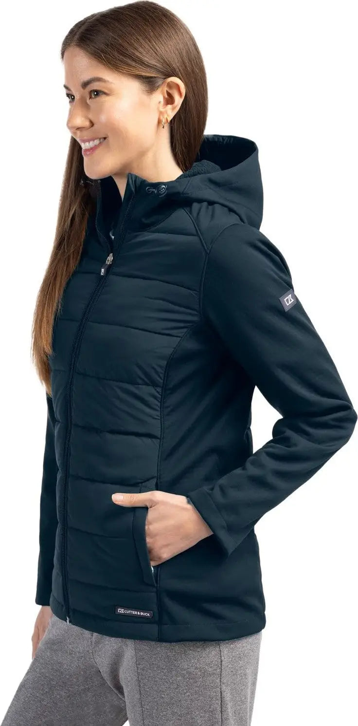 Cutter & Buck Lco00064 Evoke Hybrid Softshell Recycled Full Zip Womens Hooded Jacket - Navy Blue