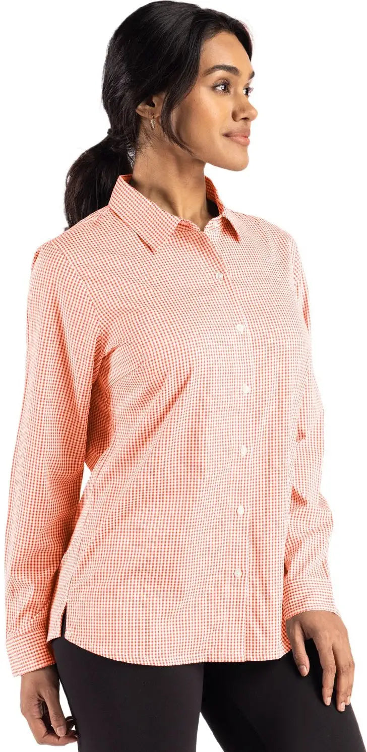 Cutter & Buck Lcw00020 Skyline Epic Confidence Recycled Gingham Womens Long Sleeve Dress Shirt - College Orange White