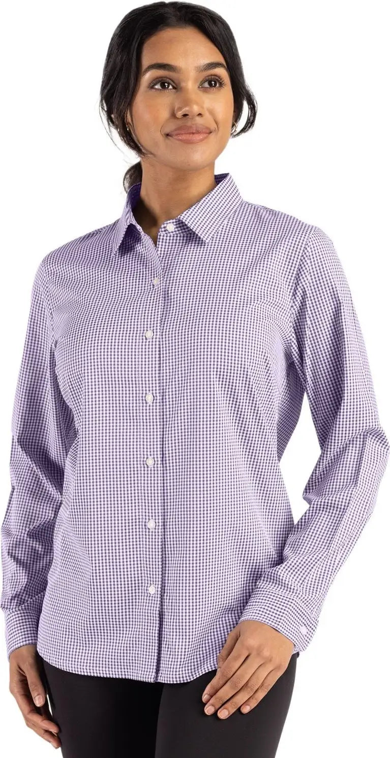 Cutter & Buck Lcw00020 Skyline Epic Confidence Recycled Gingham Womens Long Sleeve Dress Shirt - College Purple White
