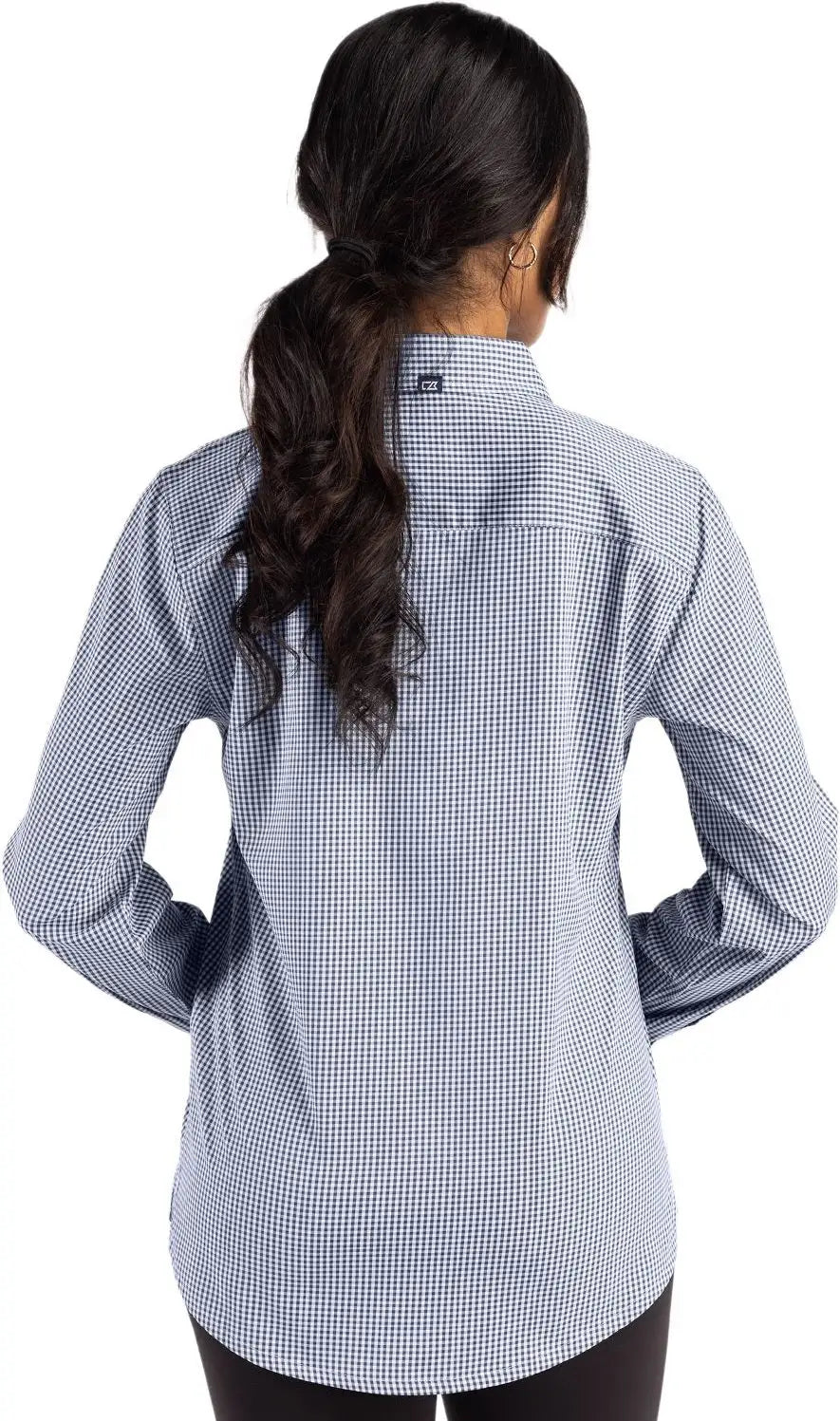 Cutter & Buck Lcw00020 Skyline Epic Confidence Recycled Gingham Womens Long Sleeve Dress Shirt - Navy Blue White