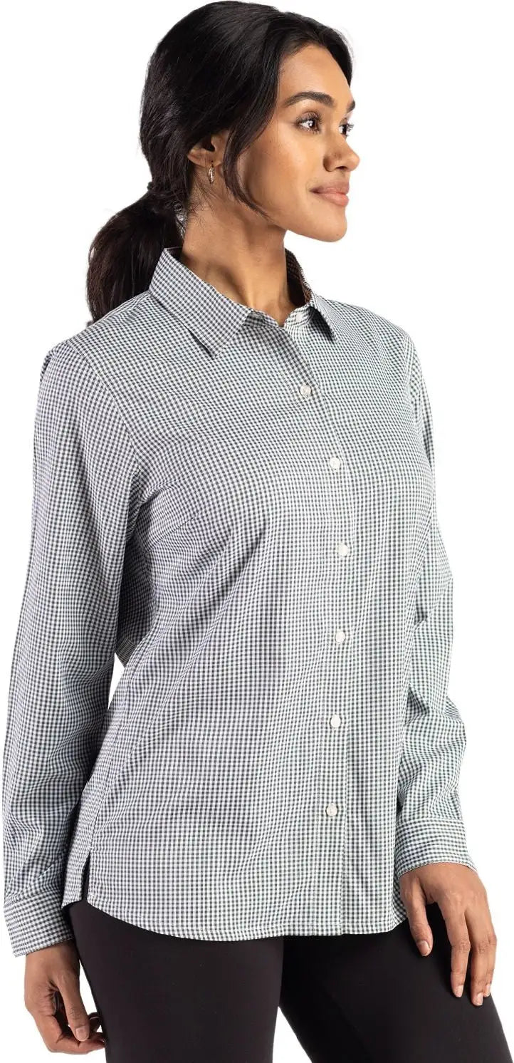Cutter & Buck Lcw00020 Skyline Epic Confidence Recycled Gingham Womens Long Sleeve Dress Shirt - Hunter White