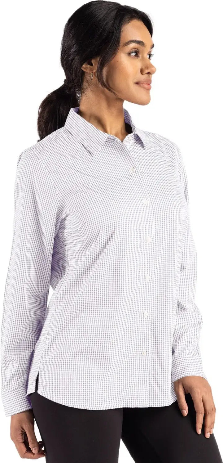 Cutter & Buck Lcw00020 Skyline Epic Confidence Recycled Gingham Womens Long Sleeve Dress Shirt - Concrete White