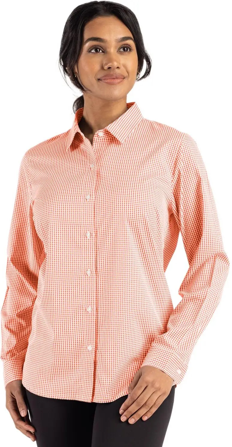 Cutter & Buck Lcw00020 Skyline Epic Confidence Recycled Gingham Womens Long Sleeve Dress Shirt - College Orange White
