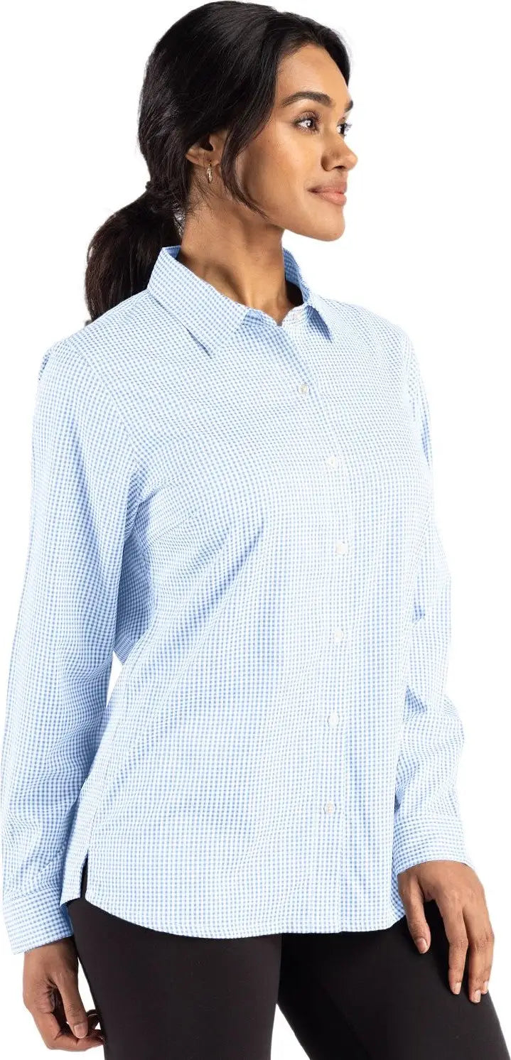 Cutter & Buck Lcw00020 Skyline Epic Confidence Recycled Gingham Womens Long Sleeve Dress Shirt - Atlas White