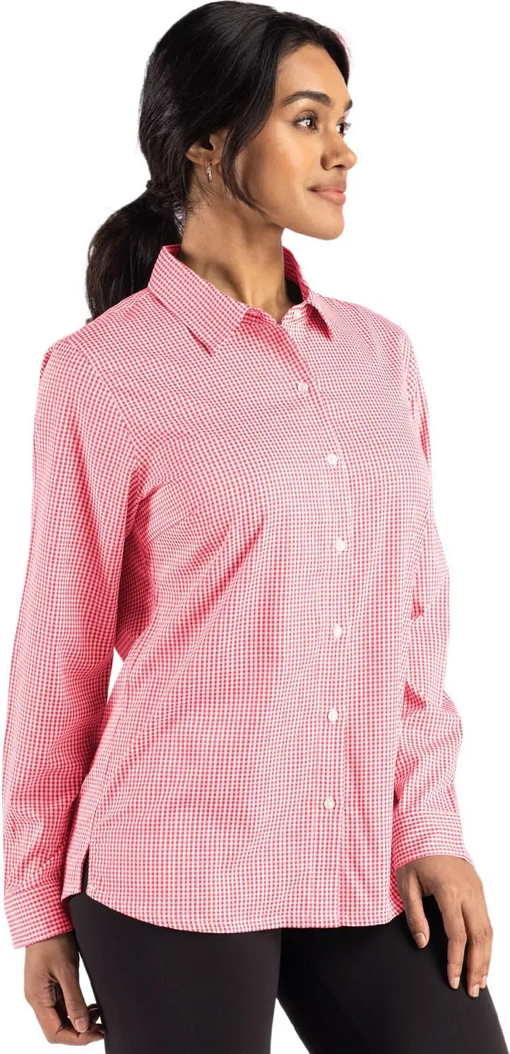 Cutter & Buck Lcw00020 Skyline Epic Confidence Recycled Gingham Womens Long Sleeve Dress Shirt - Red White