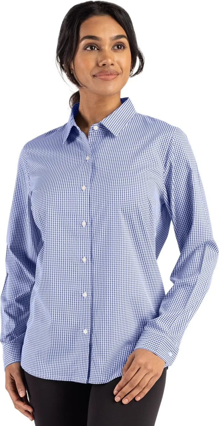 Cutter & Buck Lcw00020 Skyline Epic Confidence Recycled Gingham Womens Long Sleeve Dress Shirt - Tour Blue White