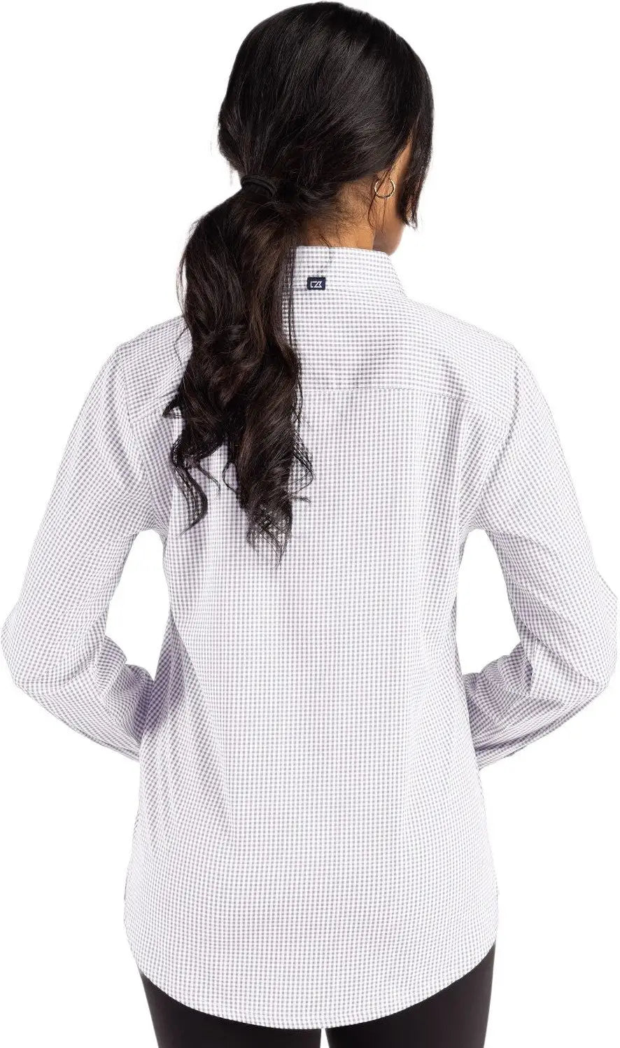 Cutter & Buck Lcw00020 Skyline Epic Confidence Recycled Gingham Womens Long Sleeve Dress Shirt - Concrete White