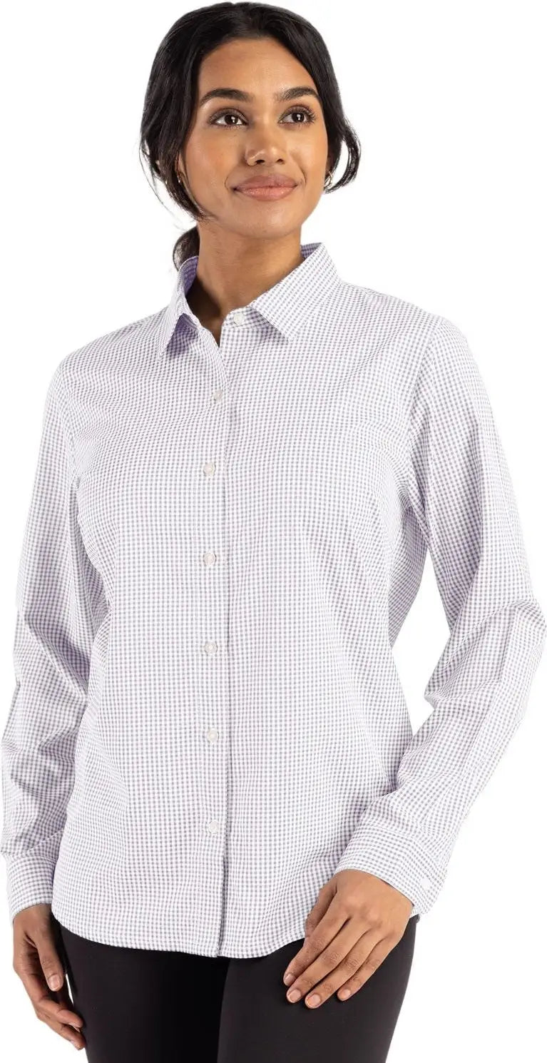 Cutter & Buck Lcw00020 Skyline Epic Confidence Recycled Gingham Womens Long Sleeve Dress Shirt - Concrete White