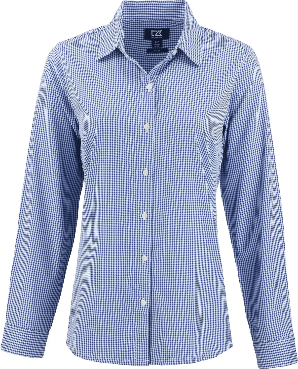 Cutter & Buck Lcw00020 Skyline Epic Confidence Recycled Gingham Womens Long Sleeve Dress Shirt - Tour Blue White