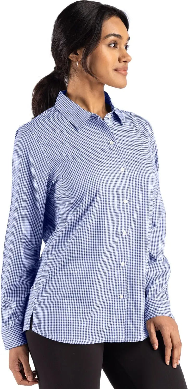 Cutter & Buck Lcw00020 Skyline Epic Confidence Recycled Gingham Womens Long Sleeve Dress Shirt - Tour Blue White