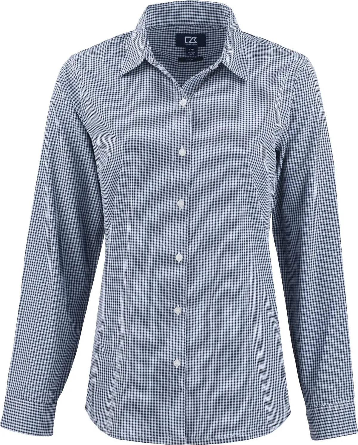 Cutter & Buck Lcw00020 Skyline Epic Confidence Recycled Gingham Womens Long Sleeve Dress Shirt - Navy Blue White