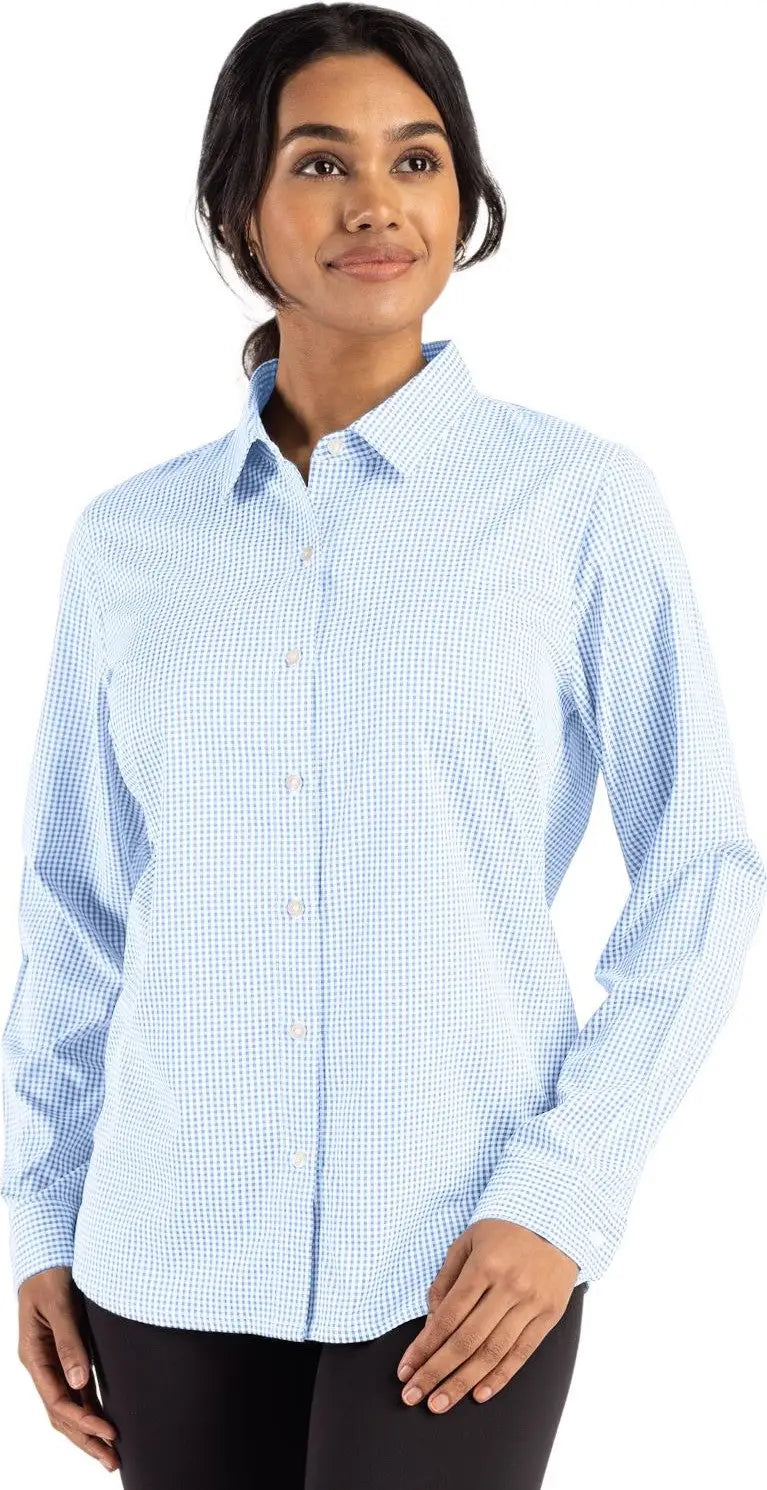 Cutter & Buck Lcw00020 Skyline Epic Confidence Recycled Gingham Womens Long Sleeve Dress Shirt - Atlas White