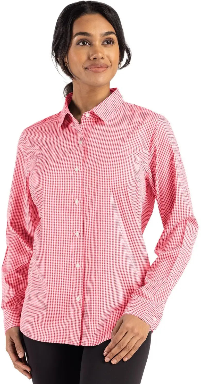 Cutter & Buck Lcw00020 Skyline Epic Confidence Recycled Gingham Womens Long Sleeve Dress Shirt - Red White - Red/white