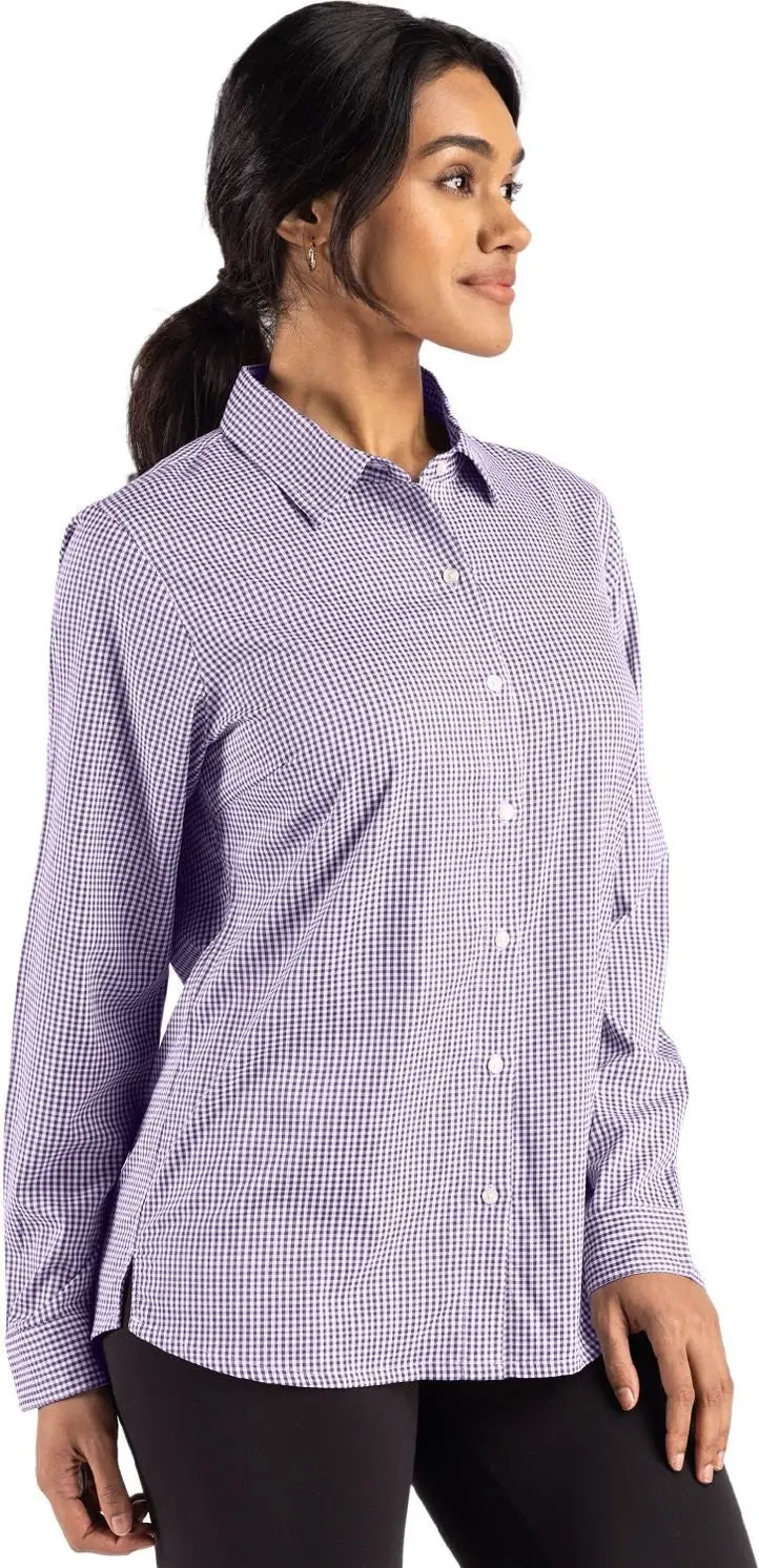 Cutter & Buck Lcw00020 Skyline Epic Confidence Recycled Gingham Womens Long Sleeve Dress Shirt - College Purple White