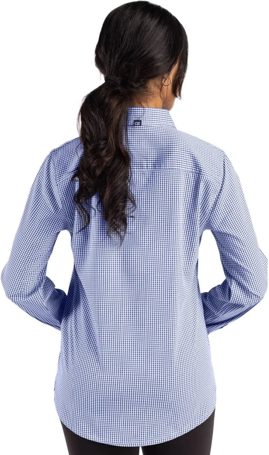 Cutter & Buck Lcw00020 Skyline Epic Confidence Recycled Gingham Womens Long Sleeve Dress Shirt - Tour Blue White