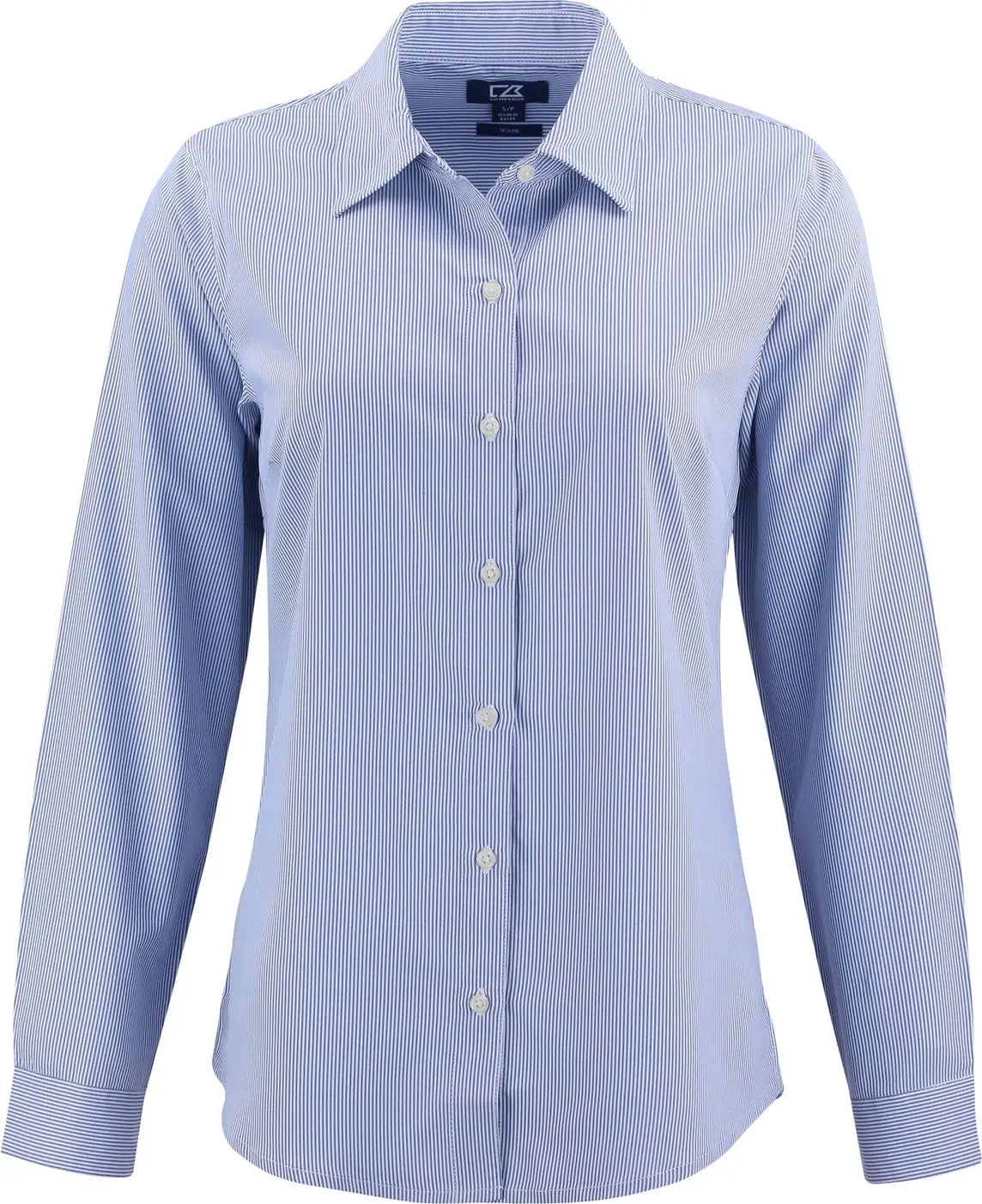 Cutter & Buck Lcw00021 Skyline Epic Confidence Recycled Pinstripe Womens Long Sleeve Dress Shirt - Tour Blue White