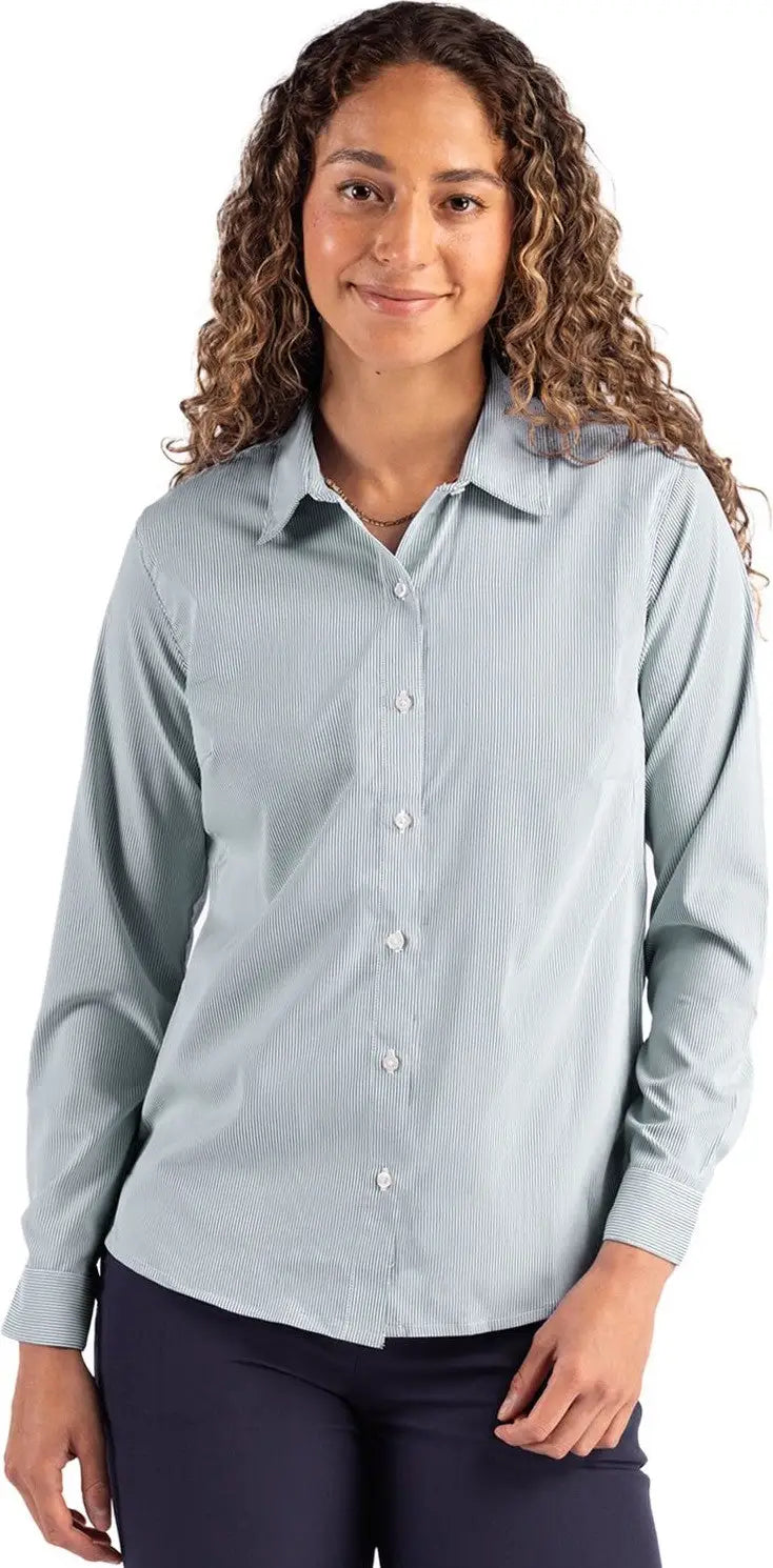 Cutter & Buck Lcw00021 Skyline Epic Confidence Recycled Pinstripe Womens Long Sleeve Dress Shirt - Hunter White