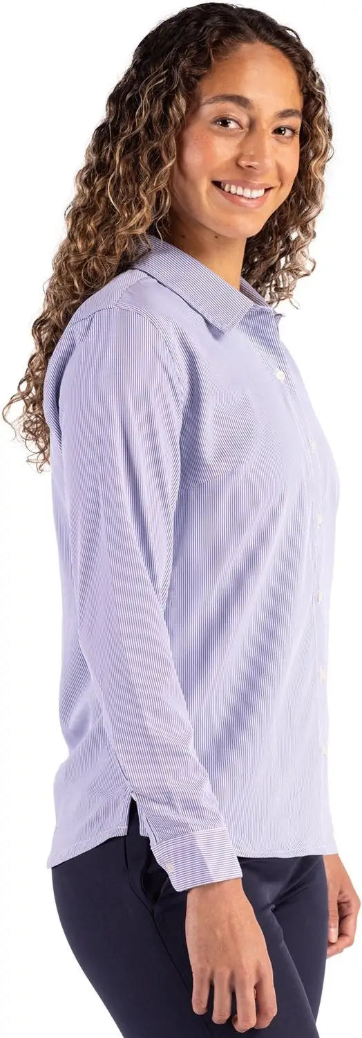 Cutter & Buck Lcw00021 Skyline Epic Confidence Recycled Pinstripe Womens Long Sleeve Dress Shirt - Tour Blue White