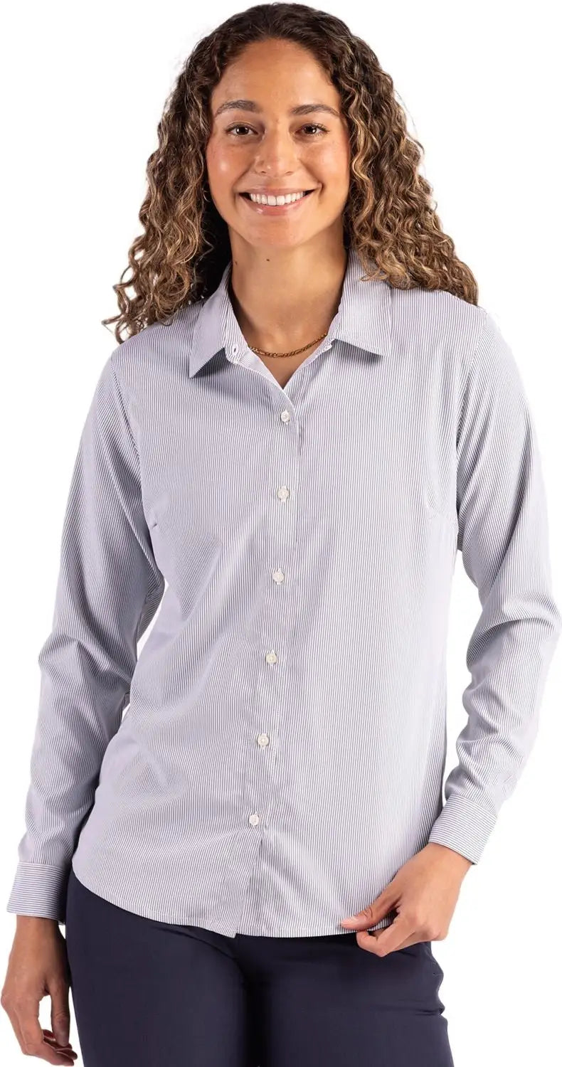Cutter & Buck Lcw00021 Skyline Epic Confidence Recycled Pinstripe Womens Long Sleeve Dress Shirt - Elemental Gray White