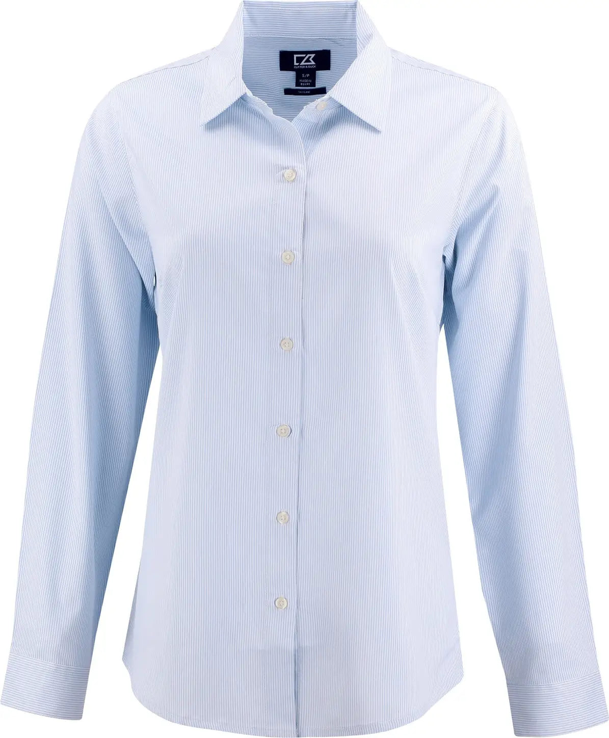 Cutter & Buck Lcw00021 Skyline Epic Confidence Recycled Pinstripe Womens Long Sleeve Dress Shirt - Pale Blue White