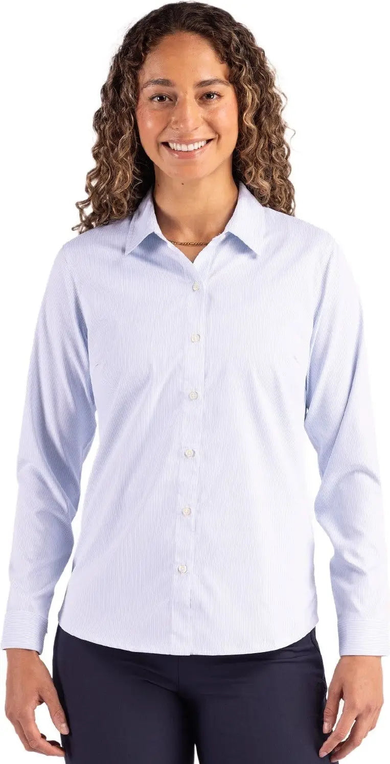 Cutter & Buck Lcw00021 Skyline Epic Confidence Recycled Pinstripe Womens Long Sleeve Dress Shirt - Pale Blue White