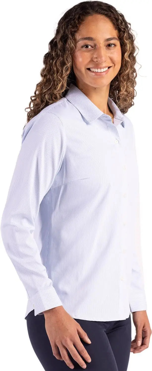 Cutter & Buck Lcw00021 Skyline Epic Confidence Recycled Pinstripe Womens Long Sleeve Dress Shirt - Pale Blue White