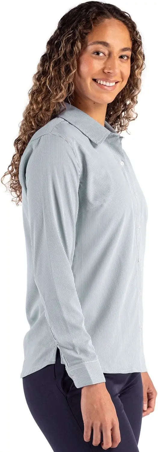 Cutter & Buck Lcw00021 Skyline Epic Confidence Recycled Pinstripe Womens Long Sleeve Dress Shirt - Hunter White