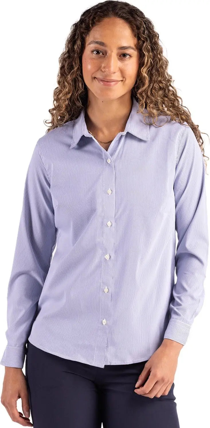 Cutter & Buck Lcw00021 Skyline Epic Confidence Recycled Pinstripe Womens Long Sleeve Dress Shirt - Tour Blue White