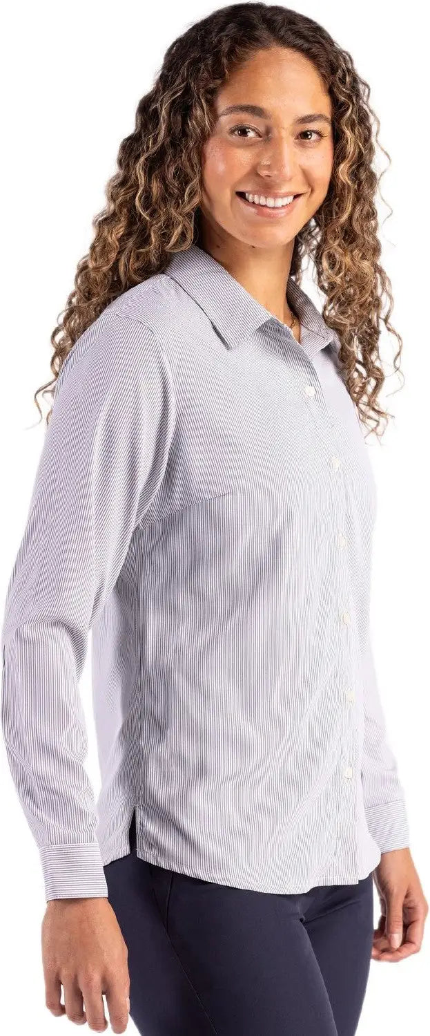 Cutter & Buck Lcw00021 Skyline Epic Confidence Recycled Pinstripe Womens Long Sleeve Dress Shirt - Elemental Gray White