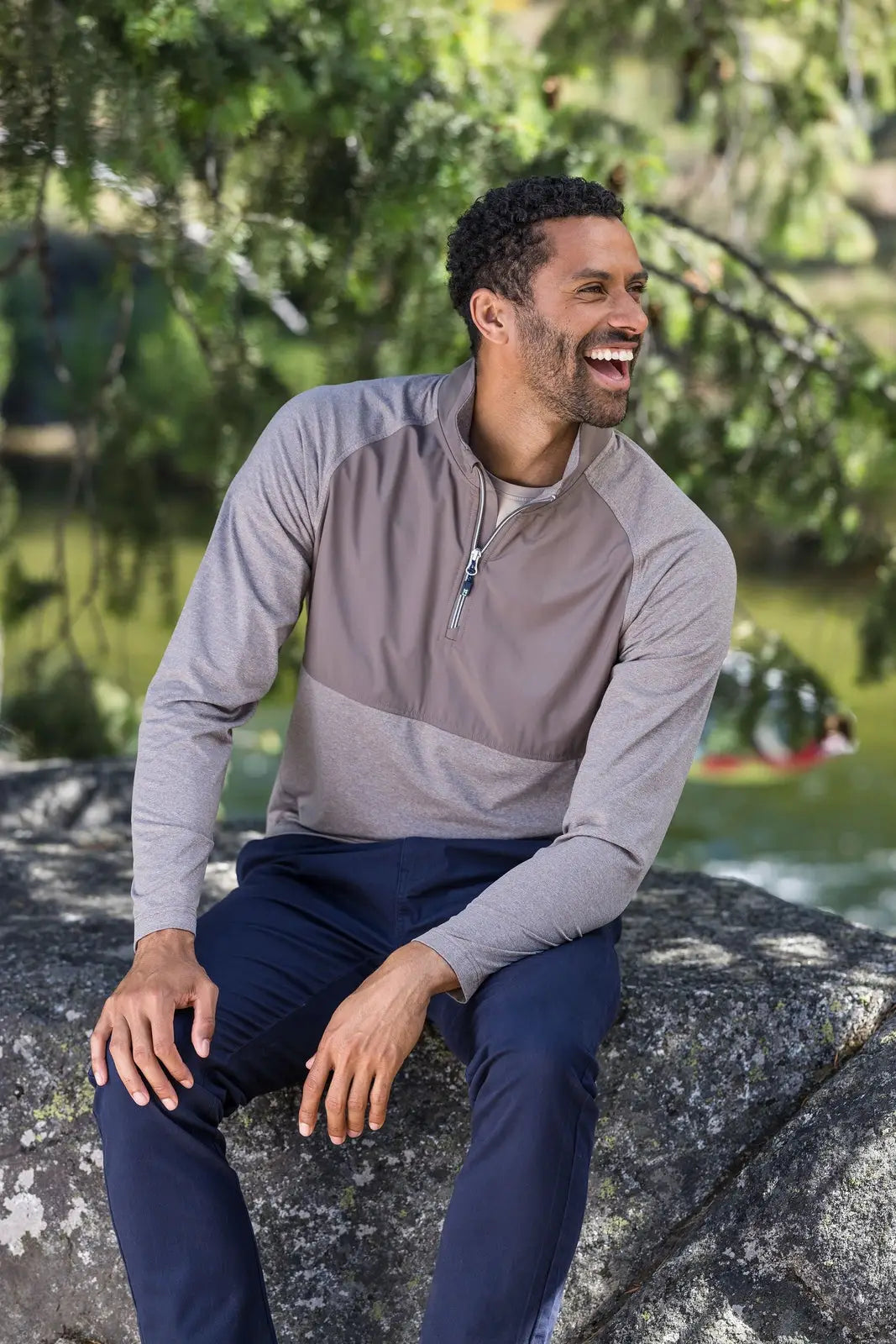 Cutter & Buck Mcc00034 Adapt Eco Knit Hybrid Recycled Mens Quarter Zip - Mushroom Heather