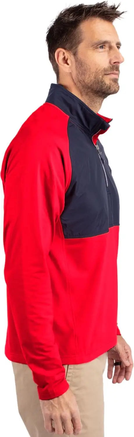 Cutter & Buck Mcc00034 Adapt Eco Knit Hybrid Recycled Mens Quarter Zip - Red Navy Blue