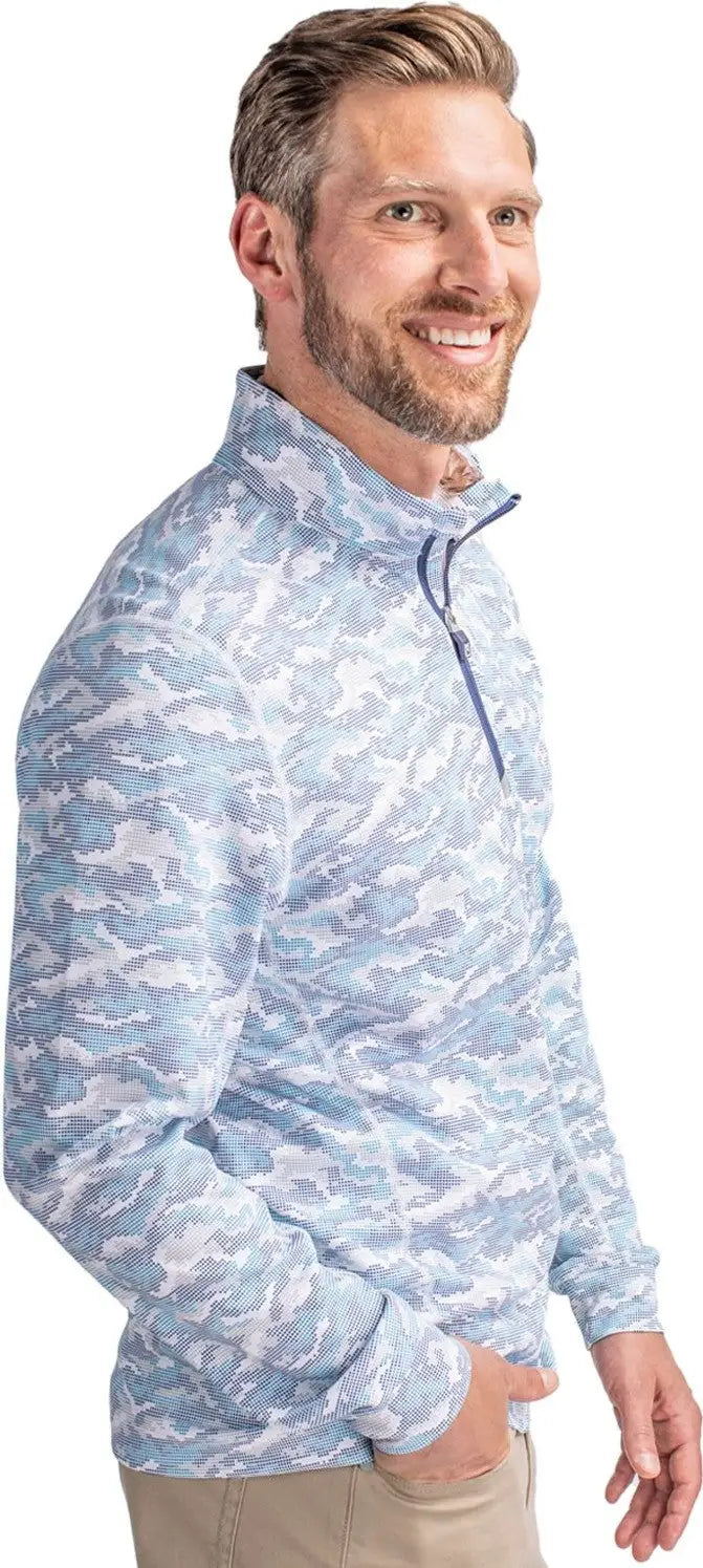 Cutter & Buck Mck01081 Traverse Stretch Eco Camo Print Quarter Zip Mens Pullover - Indigo