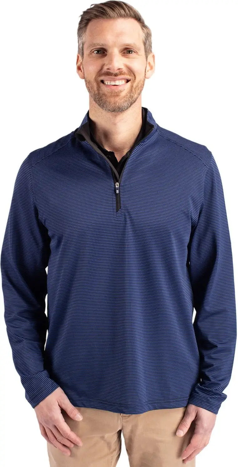 Cutter & Buck Mck01258 Virtue Eco Pique Micro Stripe Recycled Mens Quarter Zip - Tour Blue Black - Blue/black / Adult s
